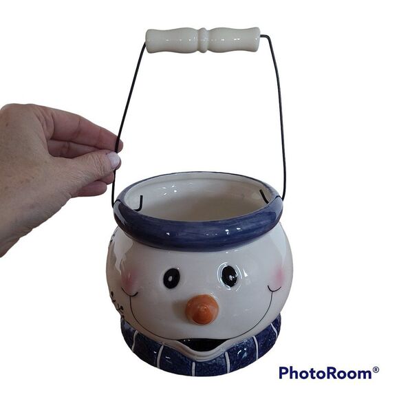 Ceramic Cheery Winter Snowman Bucket Pail Christmas Décor Vintage - Picture 1 of 15